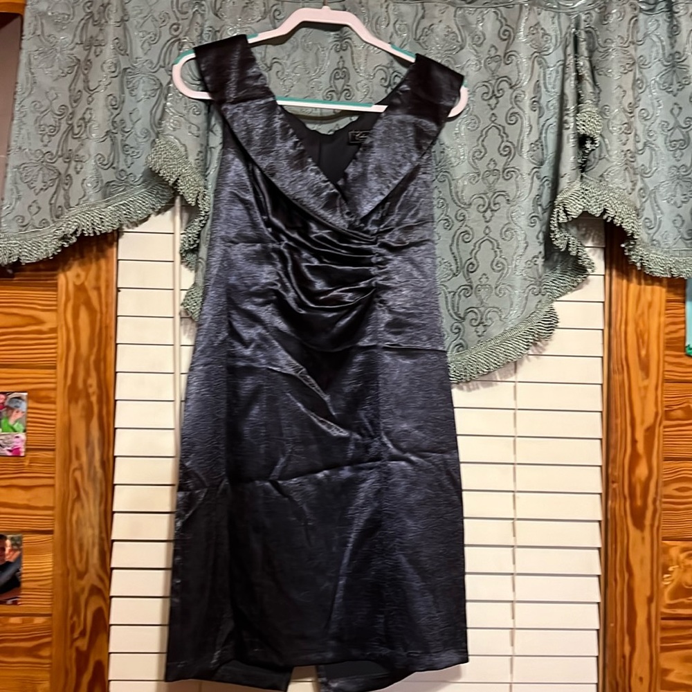 Pewter satin dress great for a formal dinner, holiday party, wedding, etc